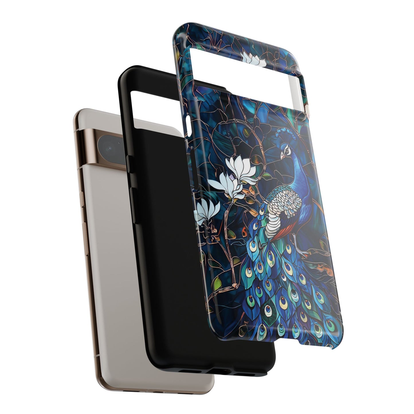 Peacock in Magnolia Tree Stained Glass Design Phone Case for Google Pixel