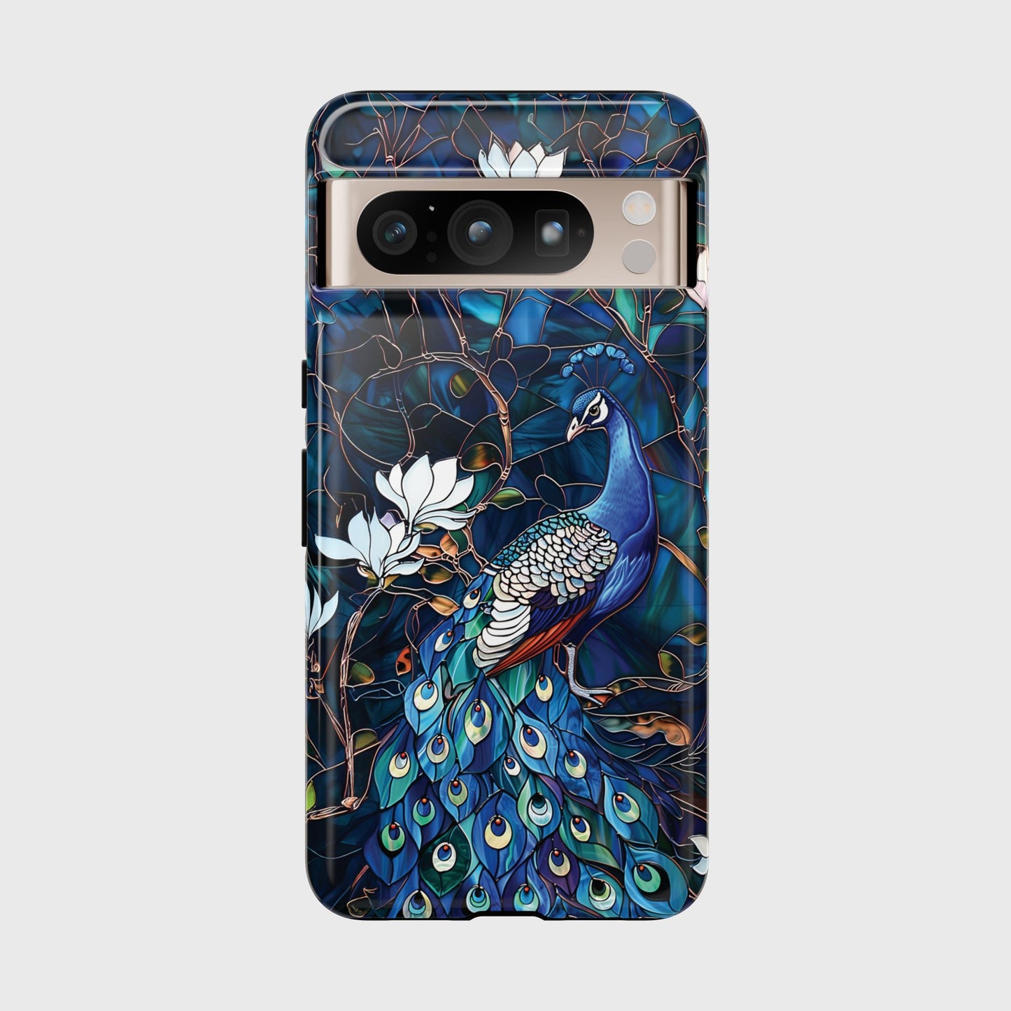 Peacock in Magnolia Tree Stained Glass Design Phone Case for Google Pixel
