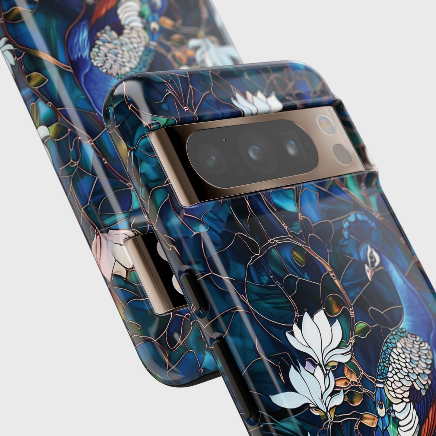 Peacock in Magnolia Tree Stained Glass Design Phone Case for Google Pixel