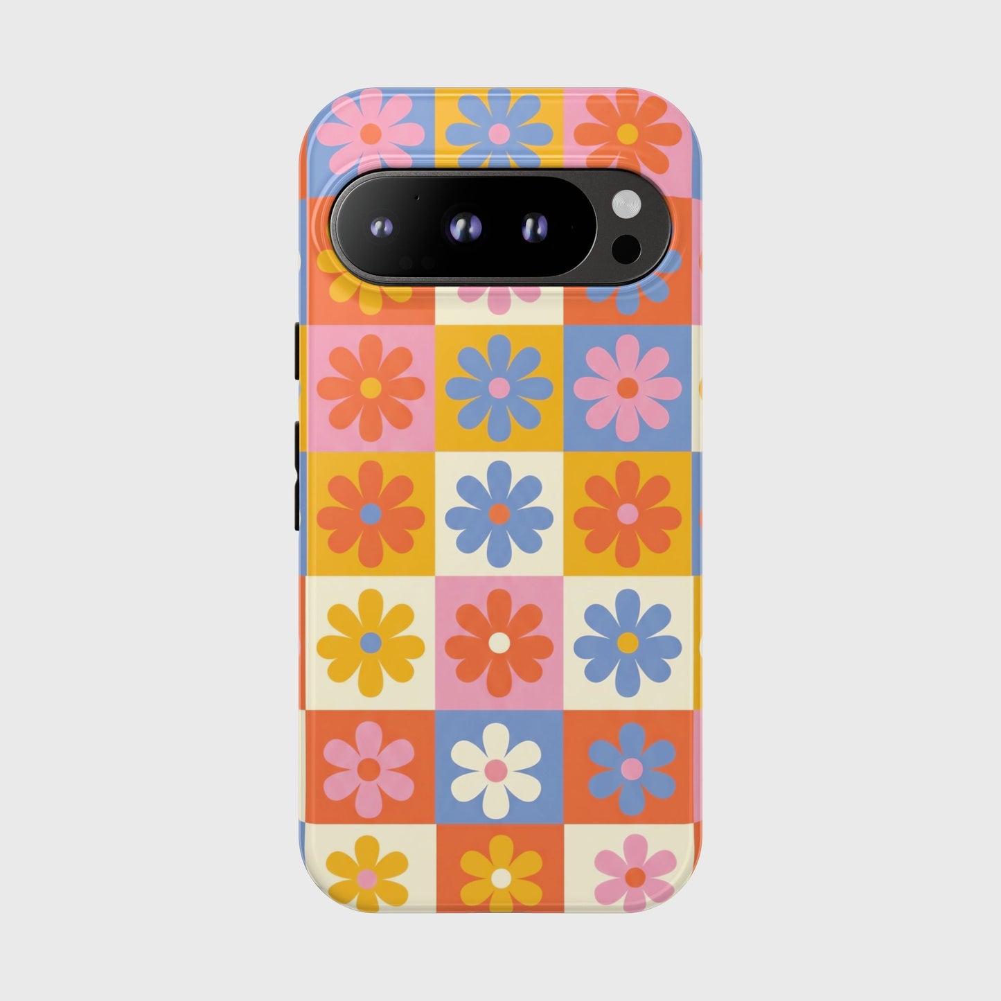 The Groovy Garden – Retro Floral Checkerboard Design Phone Case for Google Pixel