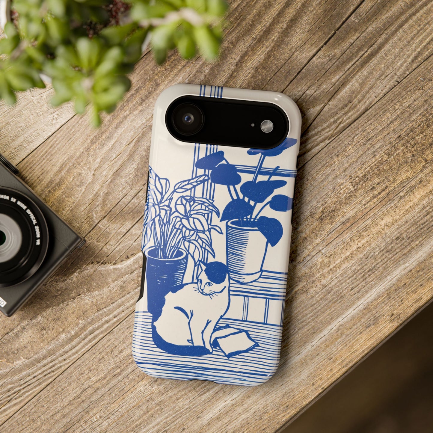 The Sunroom Cat – Blue & White Linocut Design iPhone Case