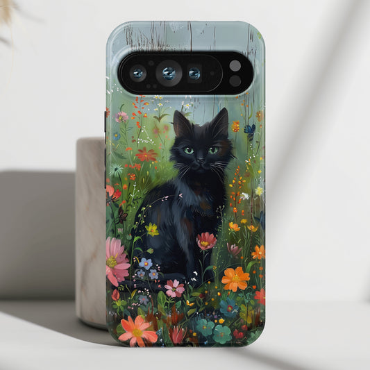 Cute Black Kitten in Flowery Garden Design Google Pixel Phone Case