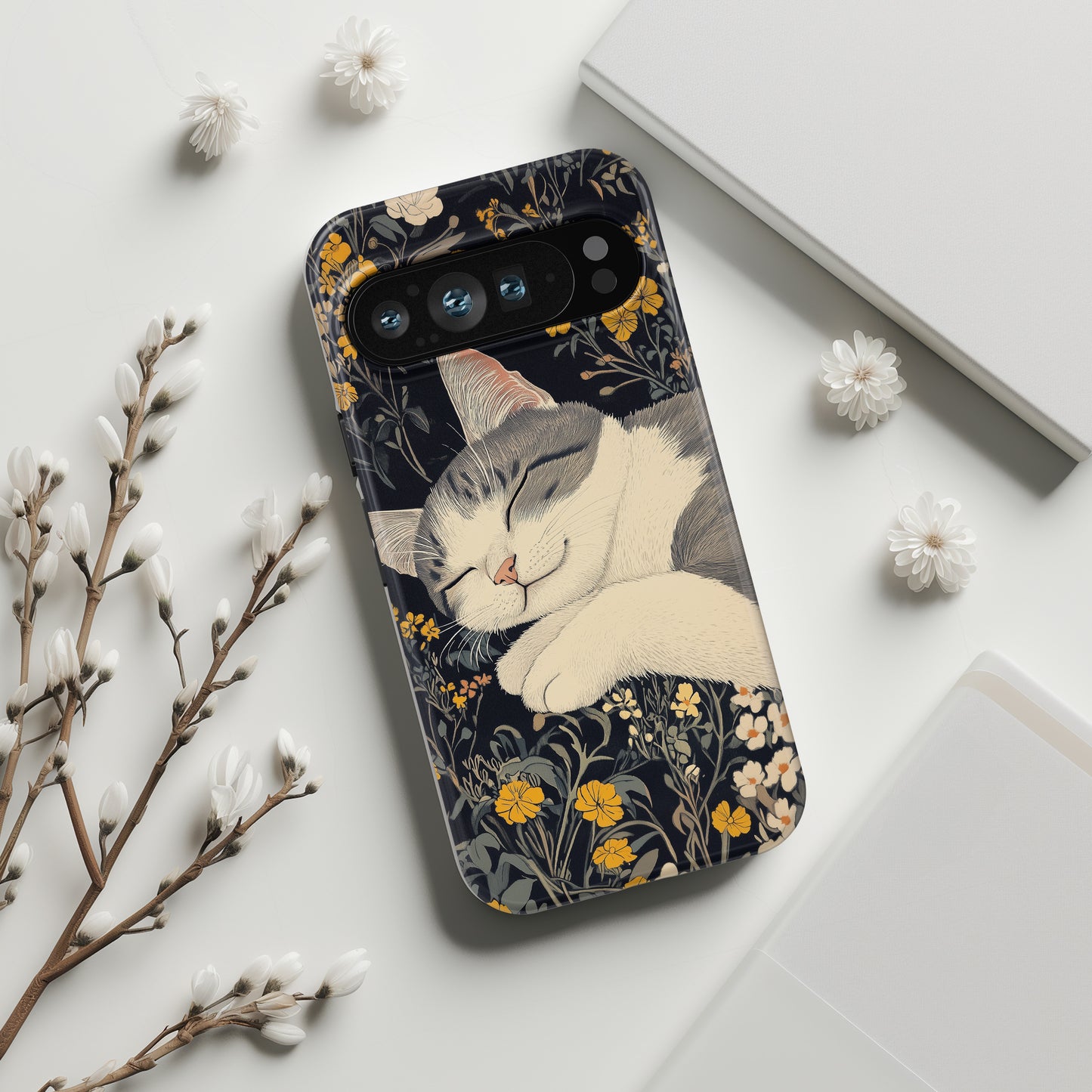 Cute Sleeping Cat Japanese Woodblock Print Style Design Phone Case for Google Pixel