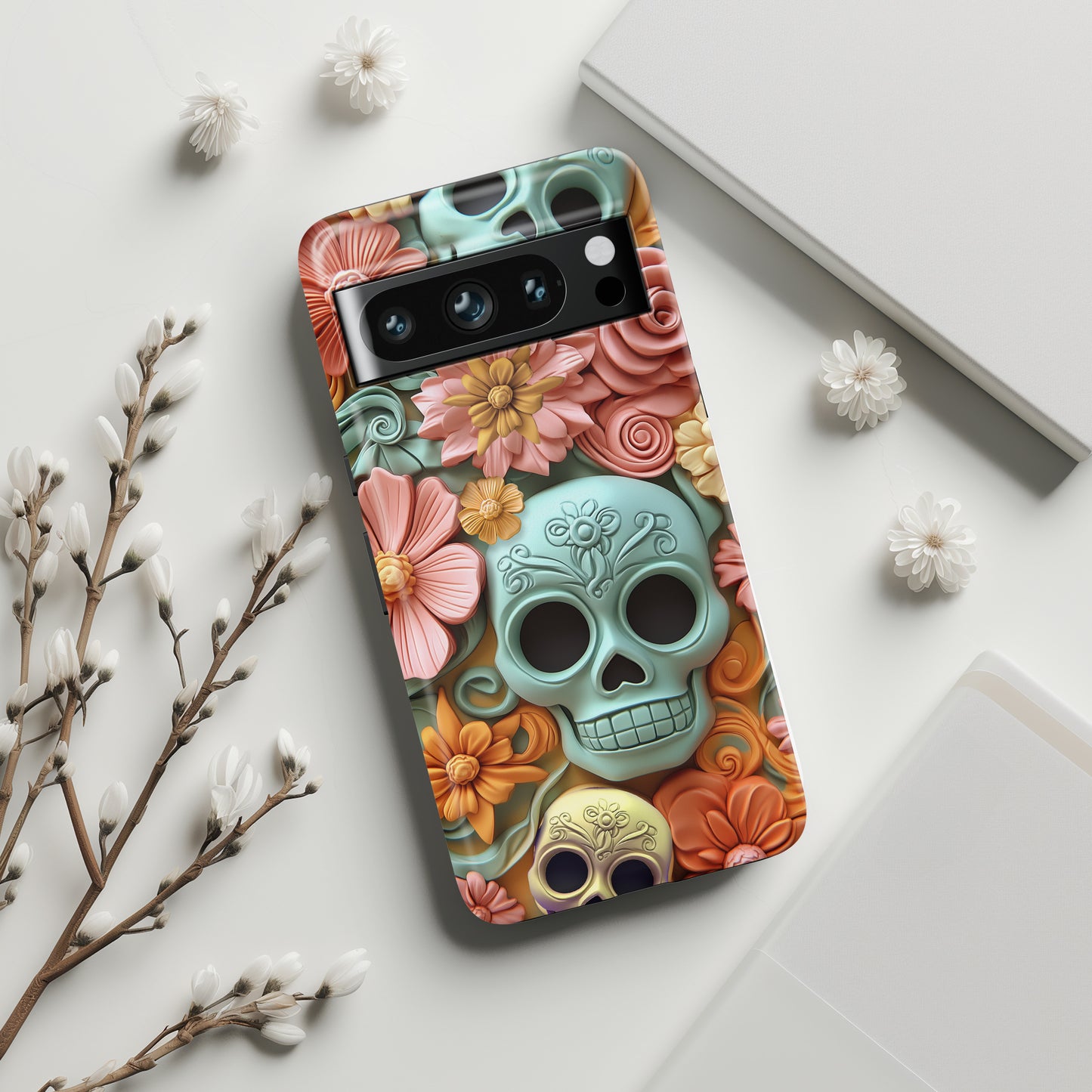 Cute Sugar Skull & Flowers Design Google Pixel Phone Case