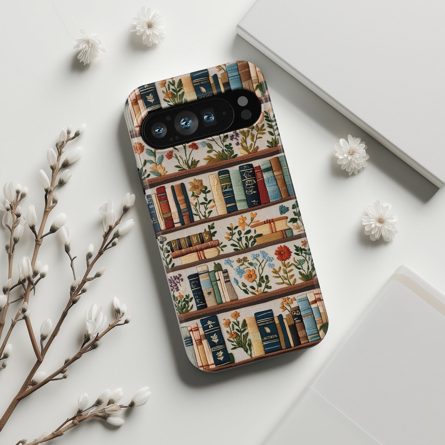 Floral Bookshelf Embroidery Art Design Google Pixel Phone Case