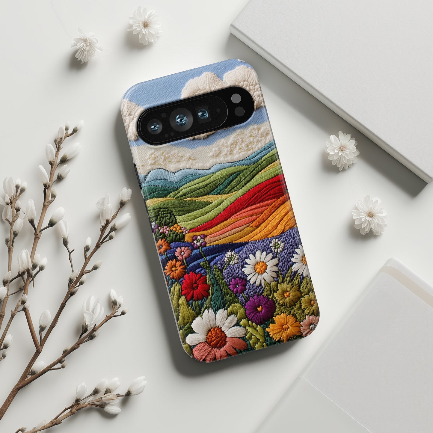 Flower Blooming Hills Embroidery Art Design Phone Case for Google Pixel