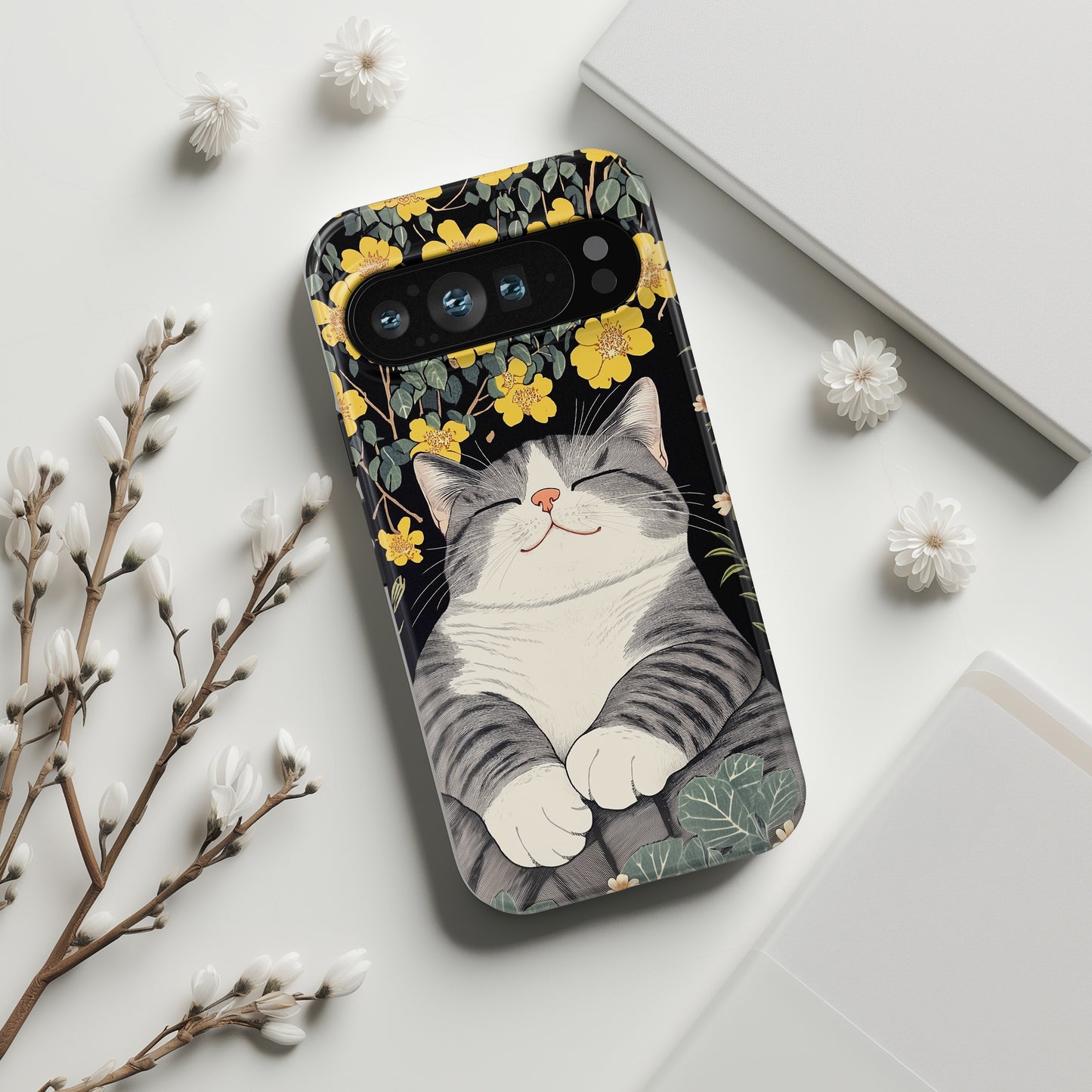 Happy Fat Cat Japanese Woodblock Print Style Design Phone Case for Google Pixel