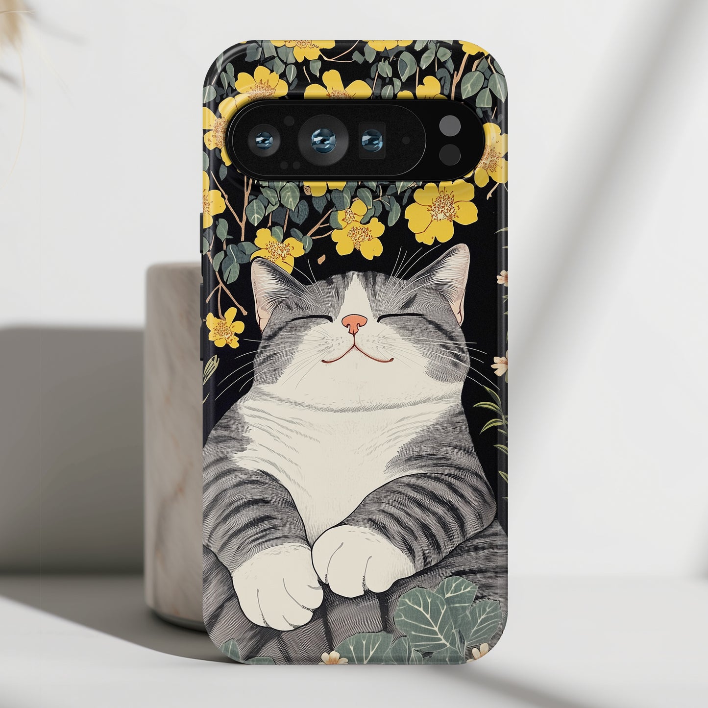 Happy Fat Cat Japanese Woodblock Print Style Design Phone Case for Google Pixel