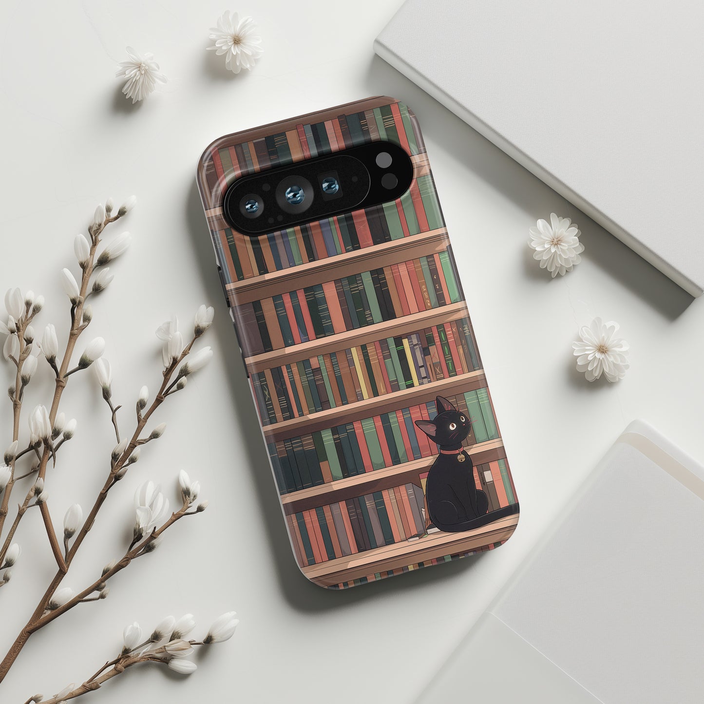 Kawaii Black Cat on Bookshelf Design Google Pixel Phone Case