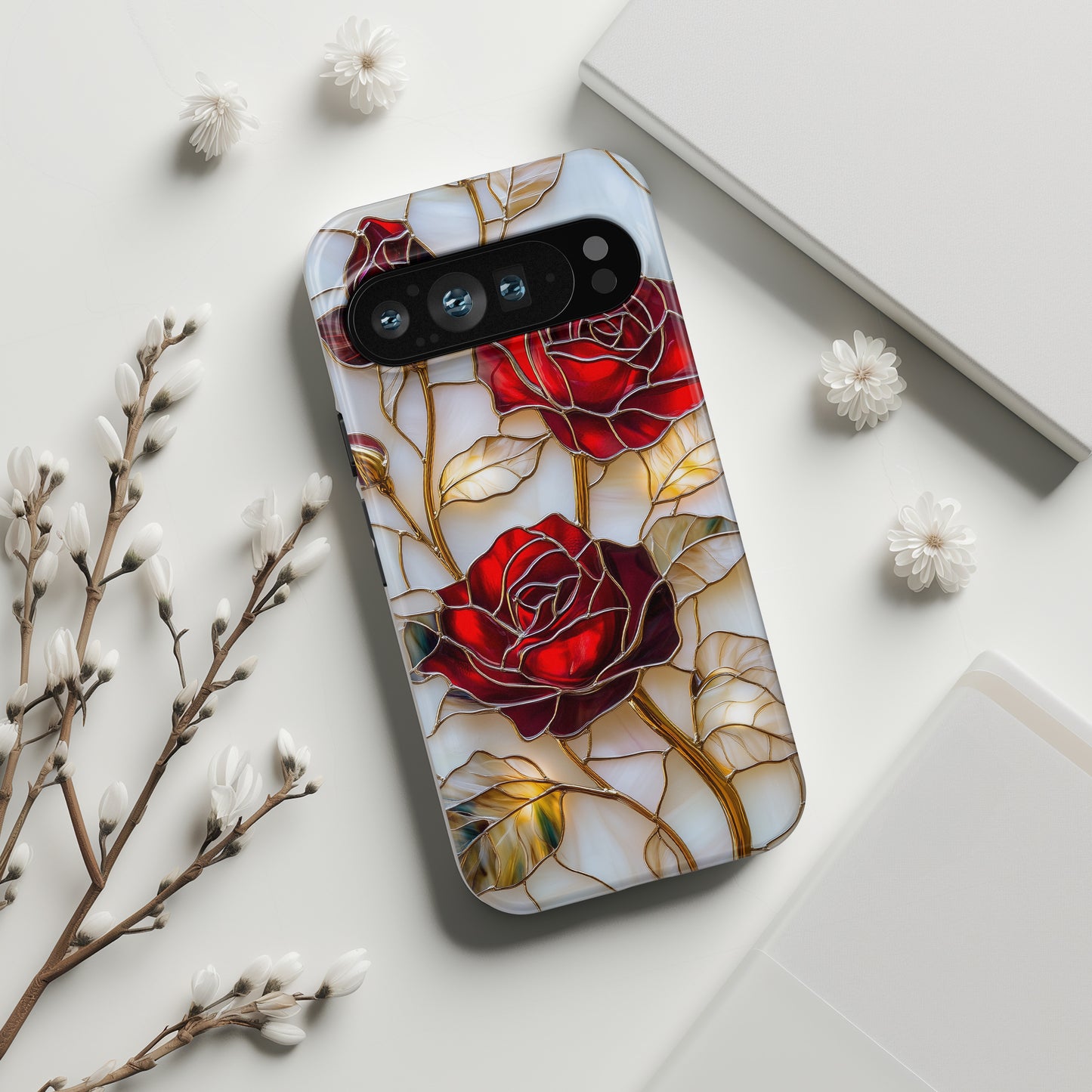 Luxury Red Rose Stained Glass Design Phone Case for Google Pixel