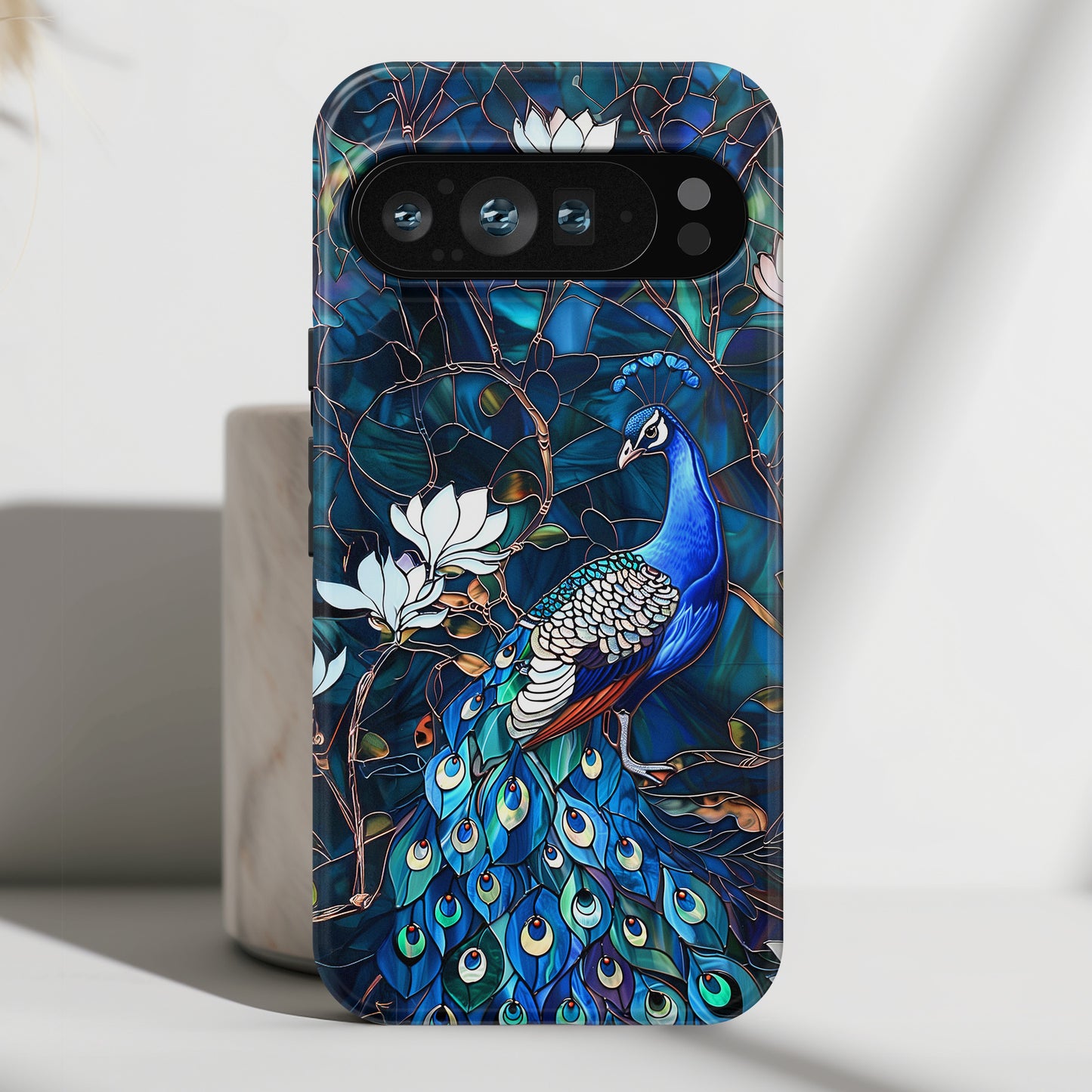 Peacock in Magnolia Tree Stained Glass Design Phone Case for Google Pixel