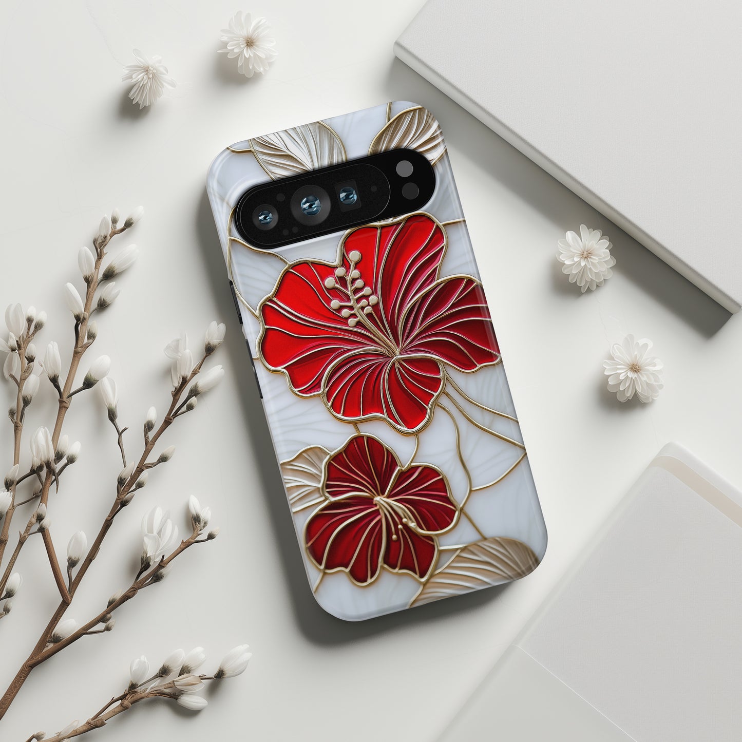 Red Hibiscus Stained Glass Design Phone Case for Google Pixel