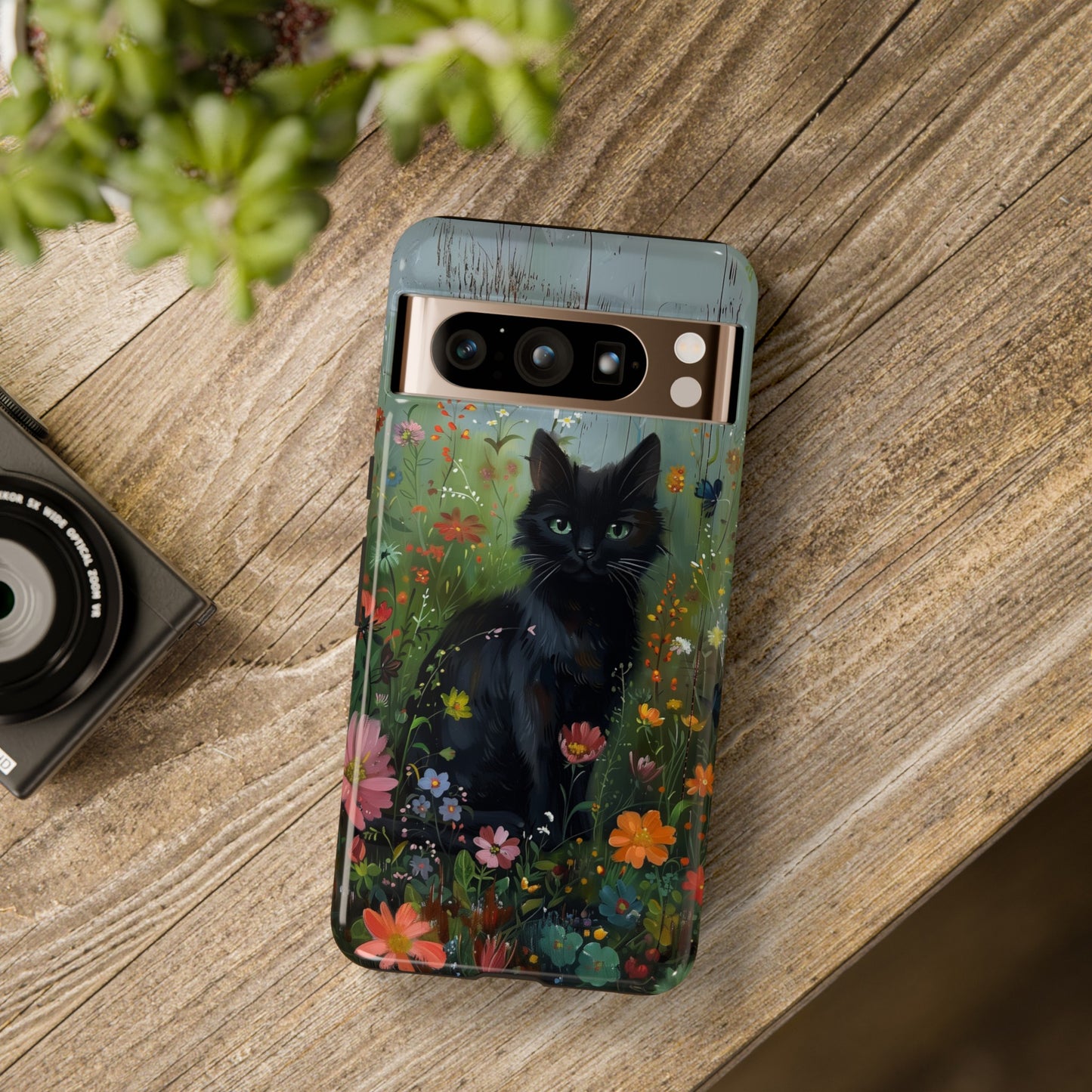 Cute Black Kitten in Flowery Garden Design Google Pixel Phone Case