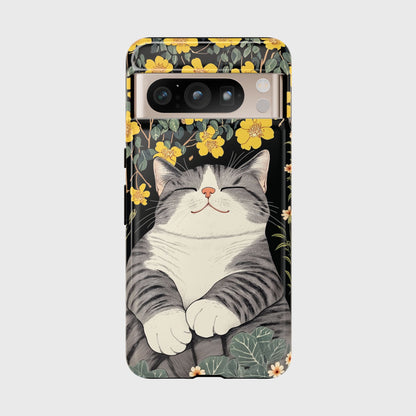 Happy Fat Cat Japanese Woodblock Print Style Design Phone Case for Google Pixel