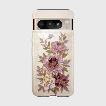 The Cloisonné Peony – Faux Stained Glass & Pearl Design Phone Case for Google Pixel