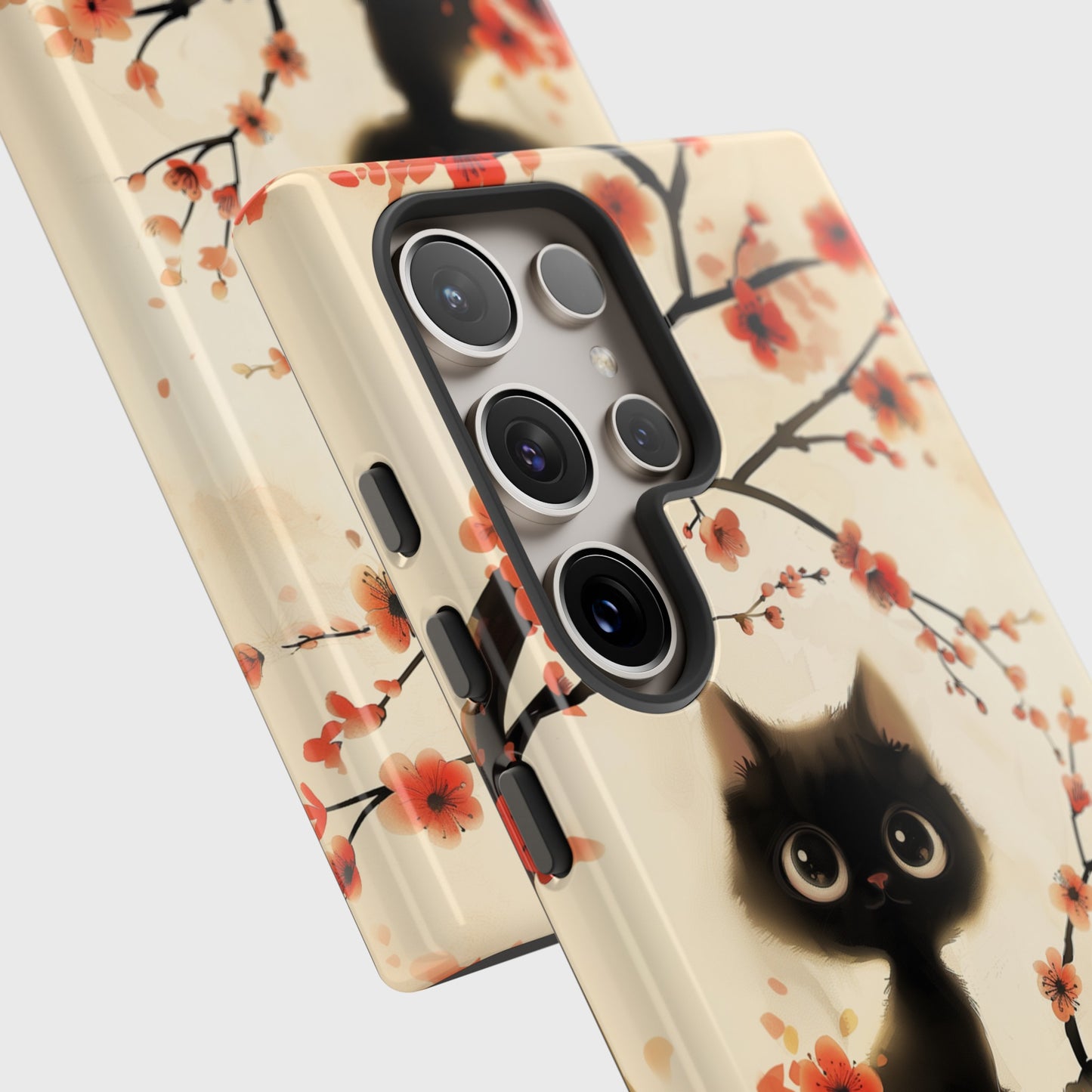 Cute Black Cat on Plum Blossom Tree Cartoon style Design Samsung Phone Case