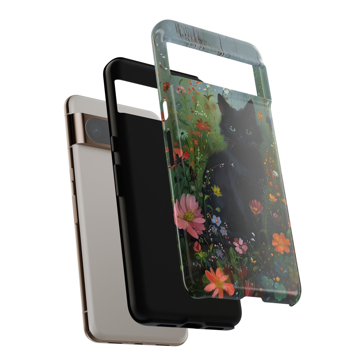 Cute Black Kitten in Flowery Garden Design Google Pixel Phone Case