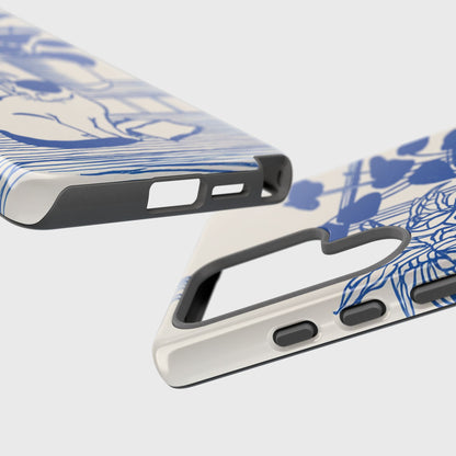 The Sunroom Cat – Blue & White Linocut Design Phone Case for Galaxy S series Phones