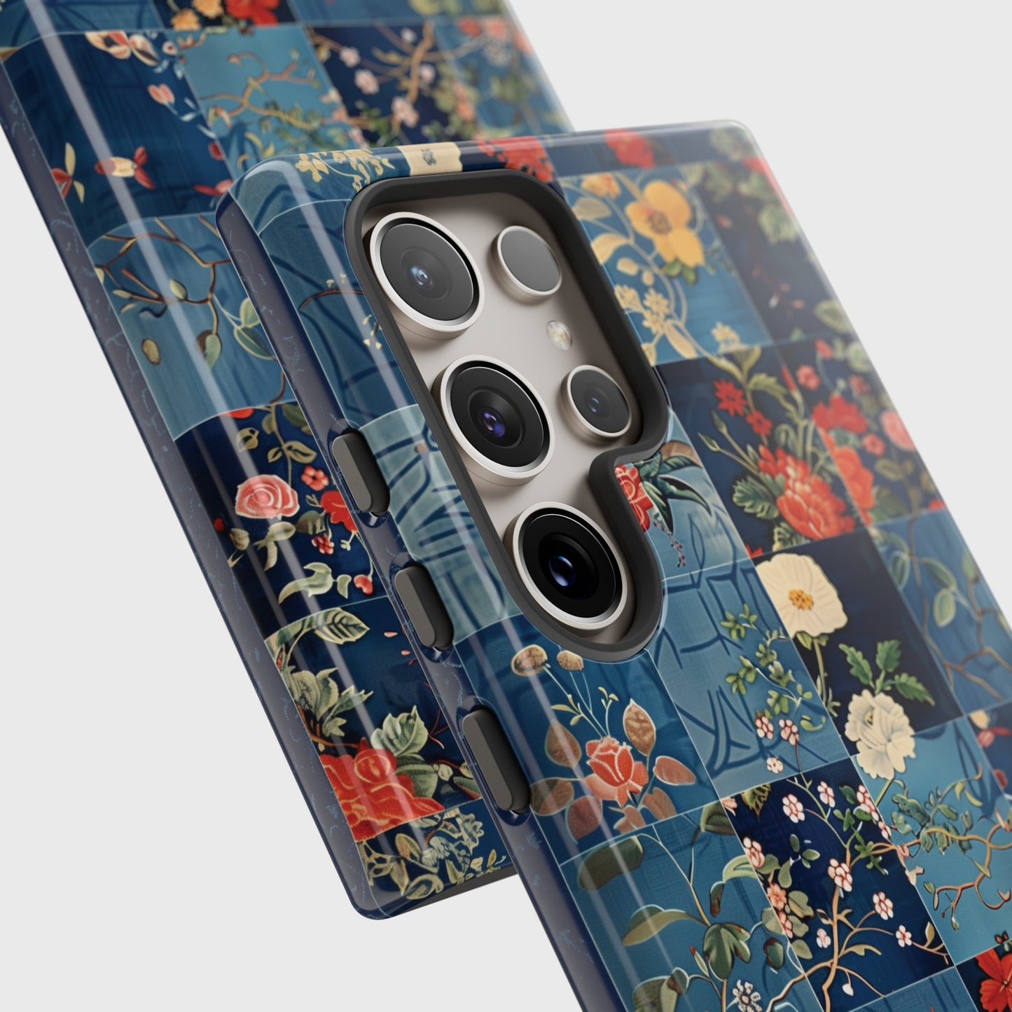 Blue Floral Quilt Patchwork Collage Design Samsung Phone Case