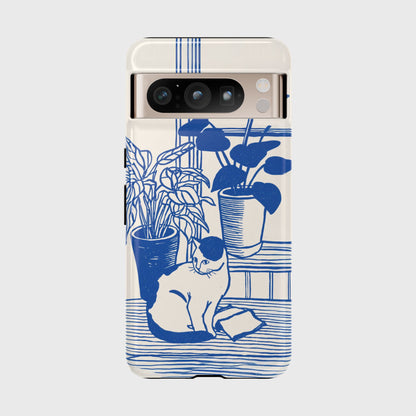 The Sunroom Cat – Blue & White Linocut Design Phone Case for Google Pixel