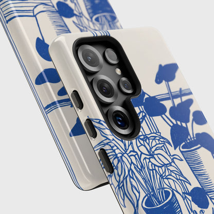 The Sunroom Cat – Blue & White Linocut Design Phone Case for Galaxy S series Phones