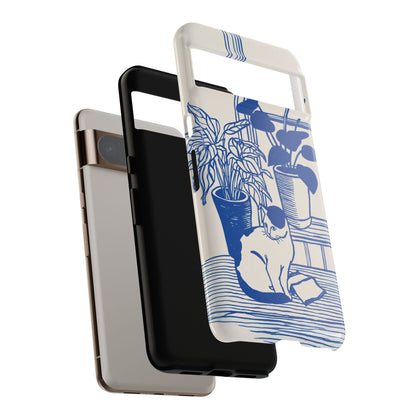 The Sunroom Cat – Blue & White Linocut Design Phone Case for Google Pixel
