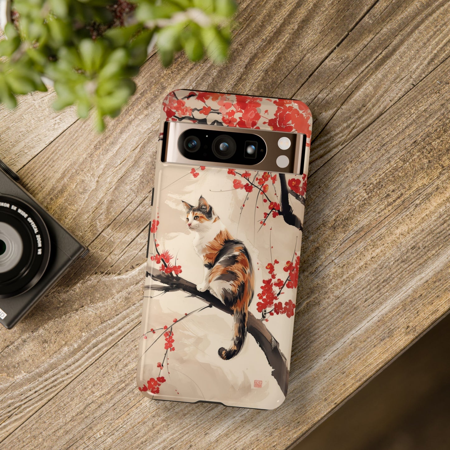 Calico Cat on Cherry Blossom Tree Design Google Pixel Phone Case