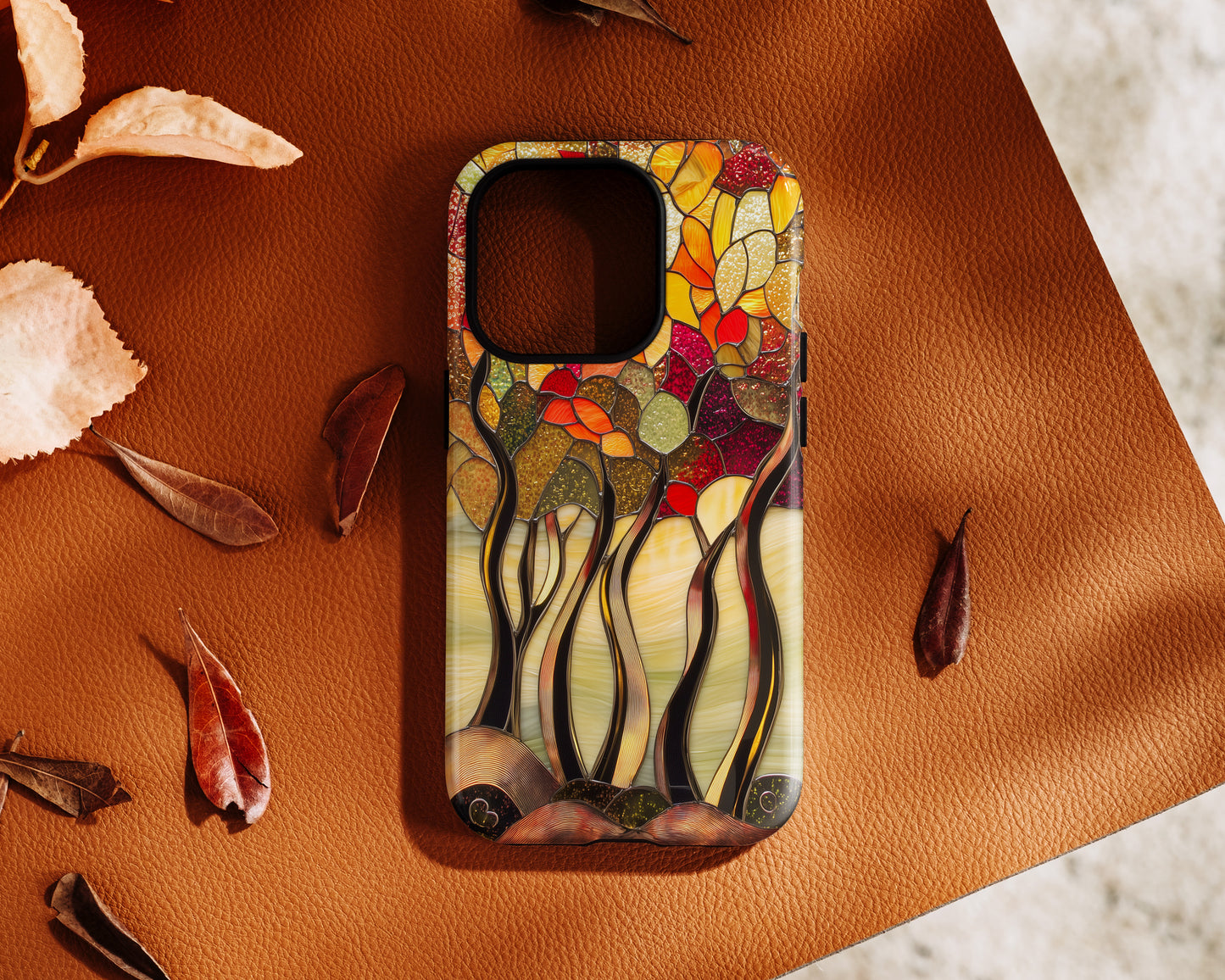 Autumn Forest Stained Glass Design iPhone Case