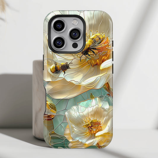 Bees on Flower Stained Glass Design iPhone Case