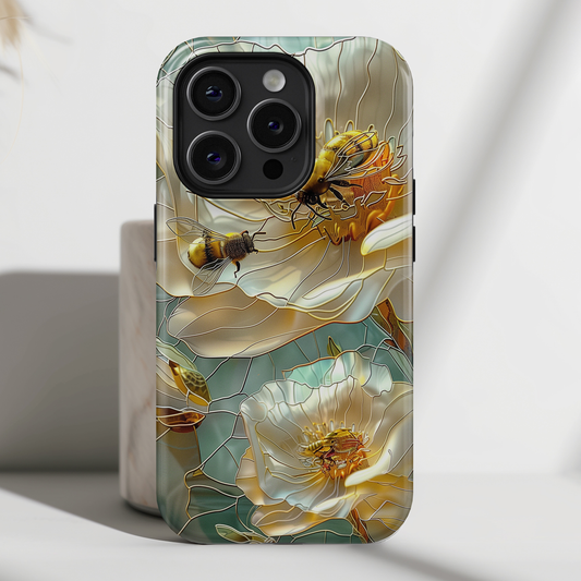 Bees on Flower Stained Glass Design iPhone Case