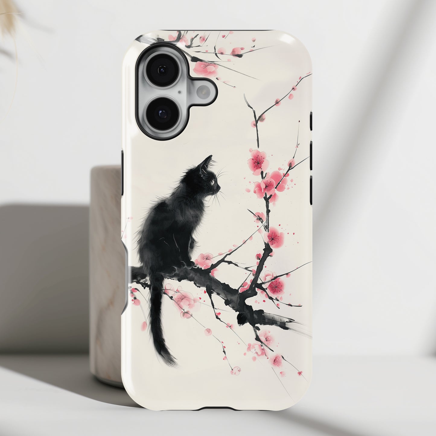 Black Cat on Plum Blossom Tree Chinese Ink Painting Design iPhone Case