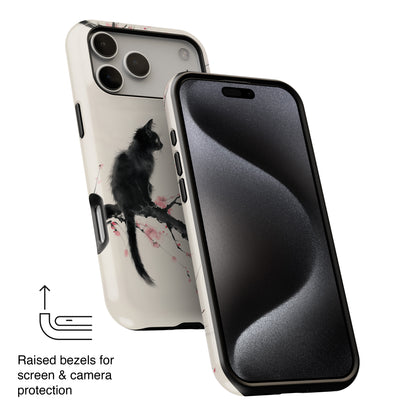 Black Cat on Plum Blossom Tree Chinese Ink Painting Design iPhone Case