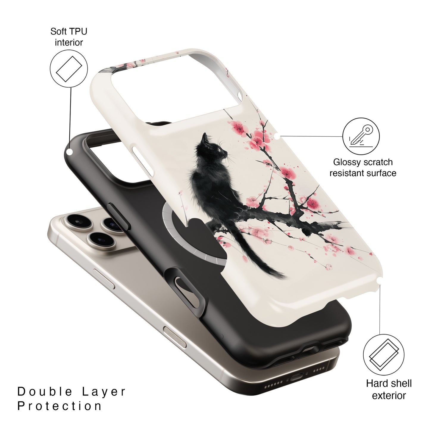 Black Cat on Plum Blossom Tree Chinese Ink Painting Design iPhone Case