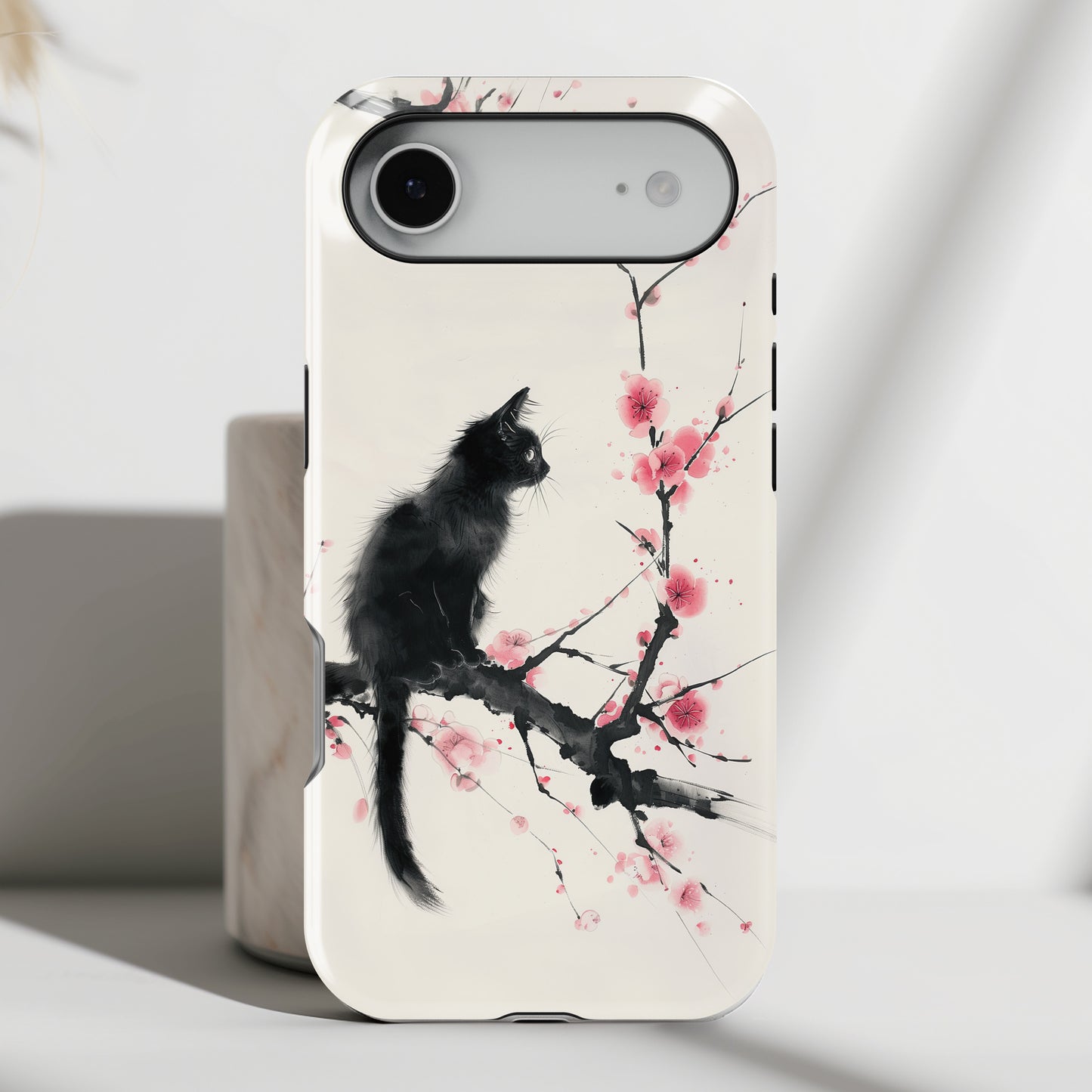 Black Cat on Plum Blossom Tree Chinese Ink Painting Design iPhone Case