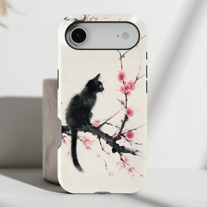 Black Cat on Plum Blossom Tree Chinese Ink Painting Design iPhone Case