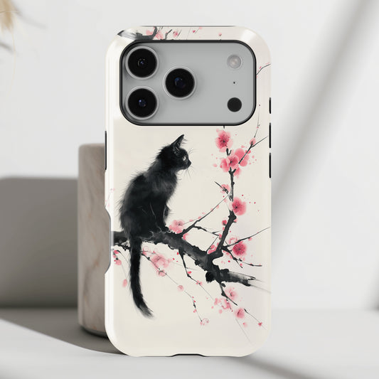Black Cat on Plum Blossom Tree Chinese Ink Painting Design iPhone Case