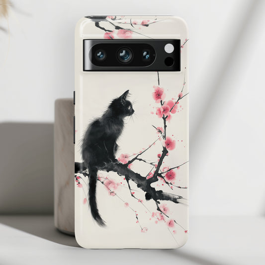 Black Cat on Plum Blossom Tree Chinese Ink Painting Design Google Pixel Phone Case