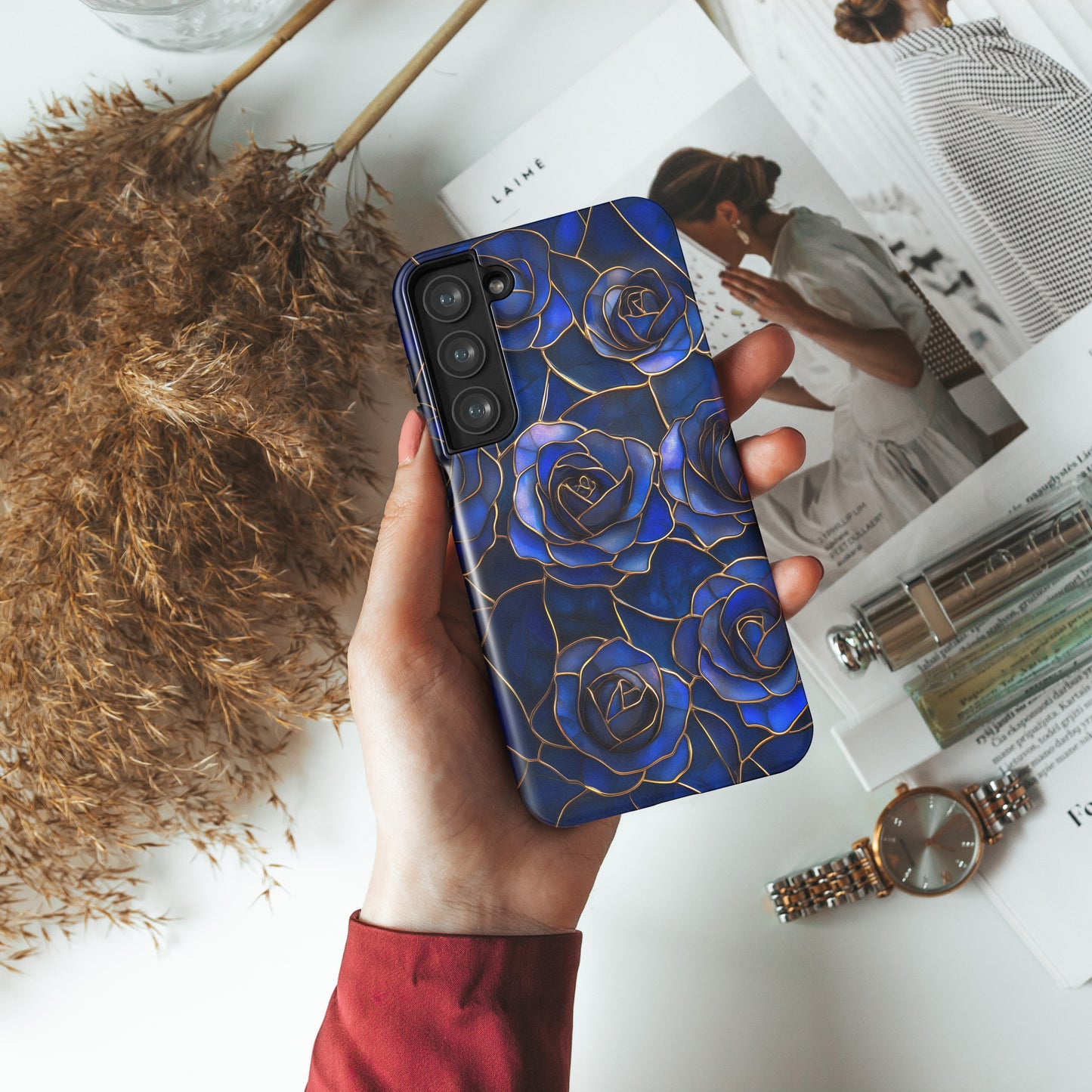 Blue Roses Pattern Stained Glass Design Phone Case for Galaxy S series Phones