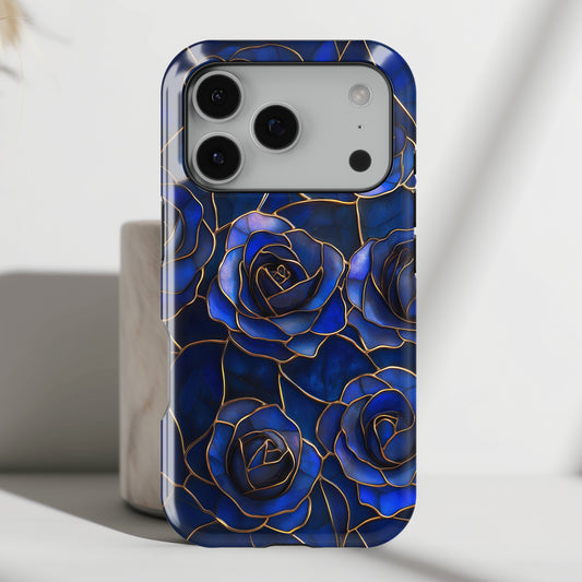 Blue Roses Pattern Stained Glass Design iPhone Case