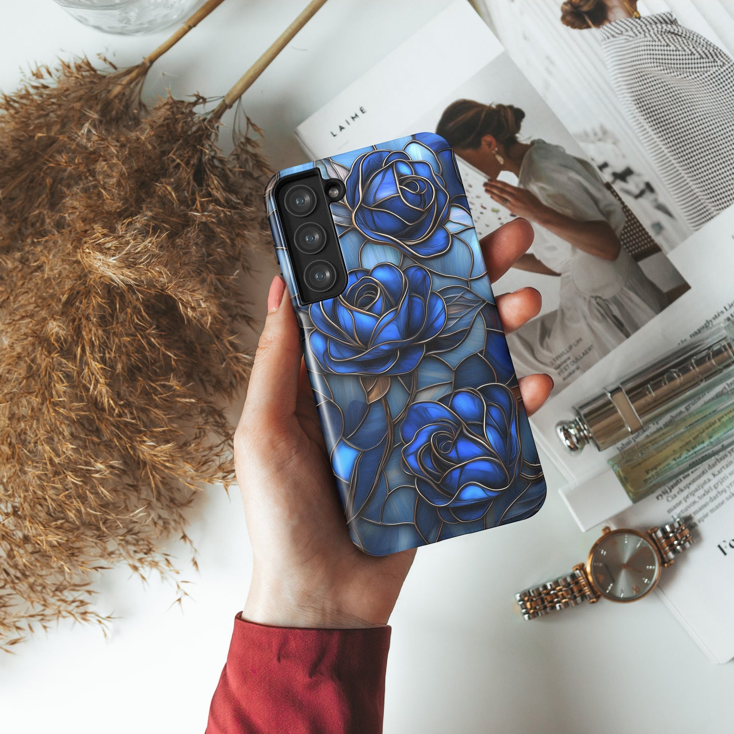 Blue Roses Stained Glass Design Phone Case for Galaxy S series Phones