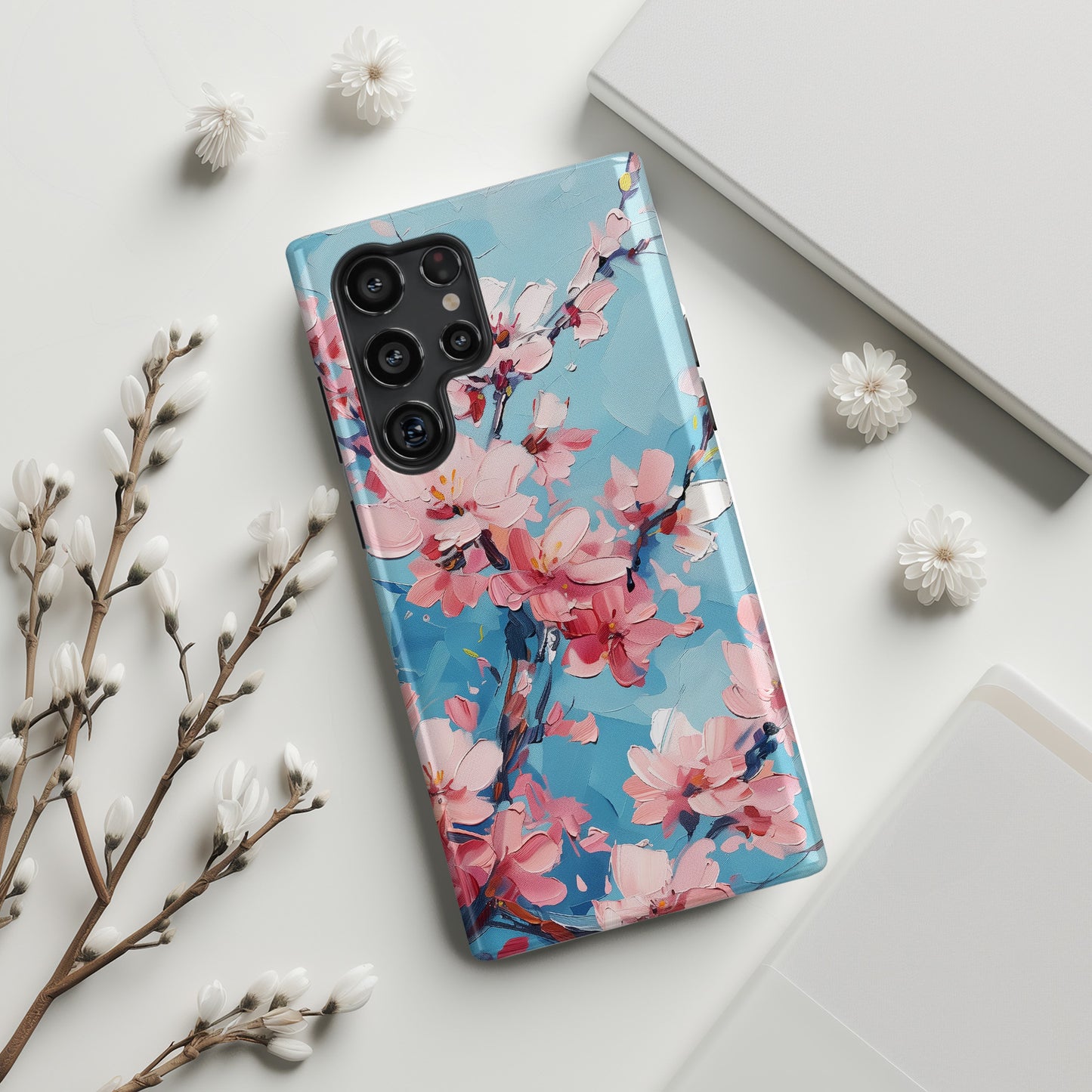 Blue Sky Cherry Blossom Oil Painting Design Case for Galaxy S series Phones
