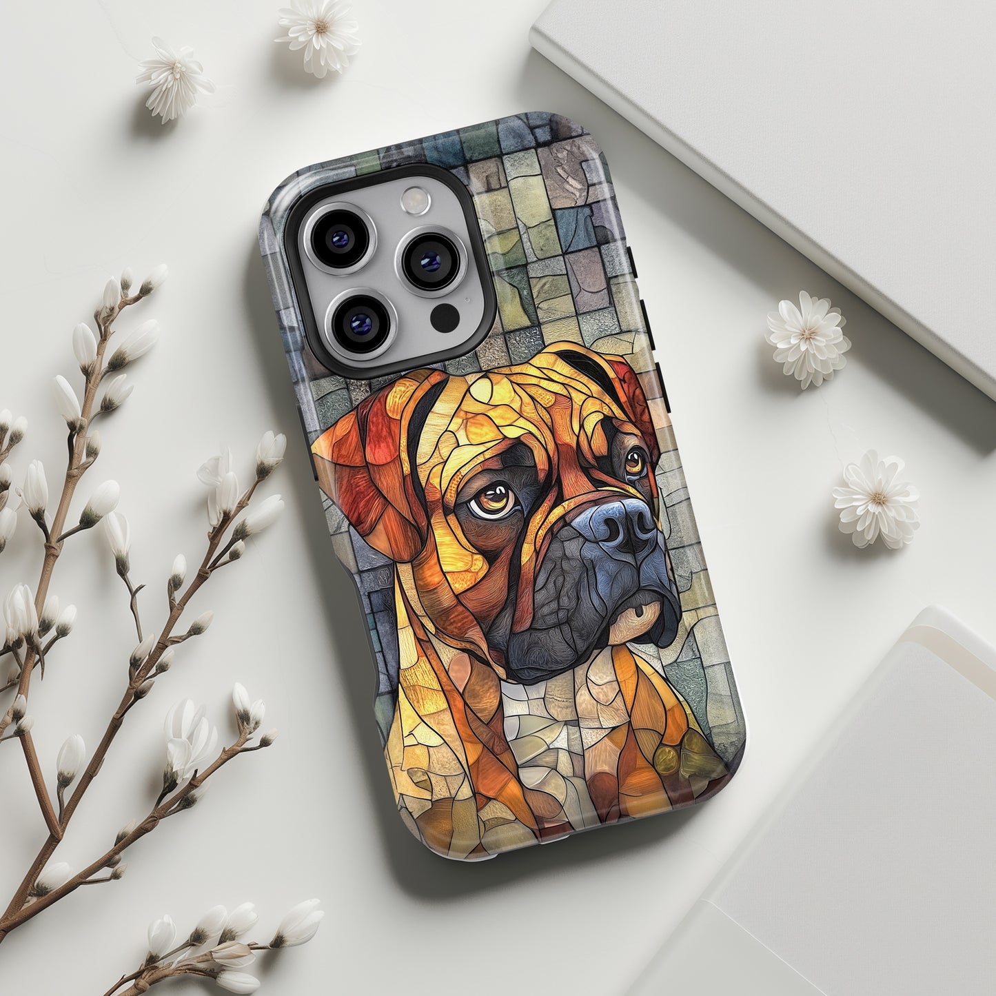 Boxer Dog Portrait Stained Glass Design iPhone Case