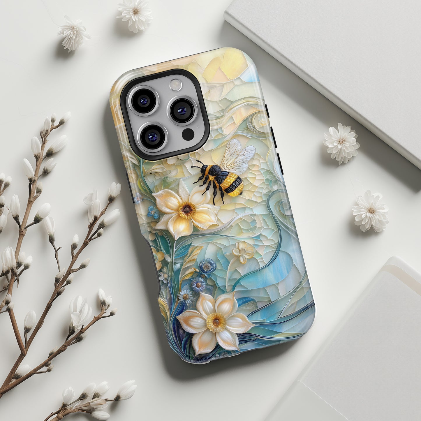 Bumblebee & Floral Stained Glass Art Design iPhone Case