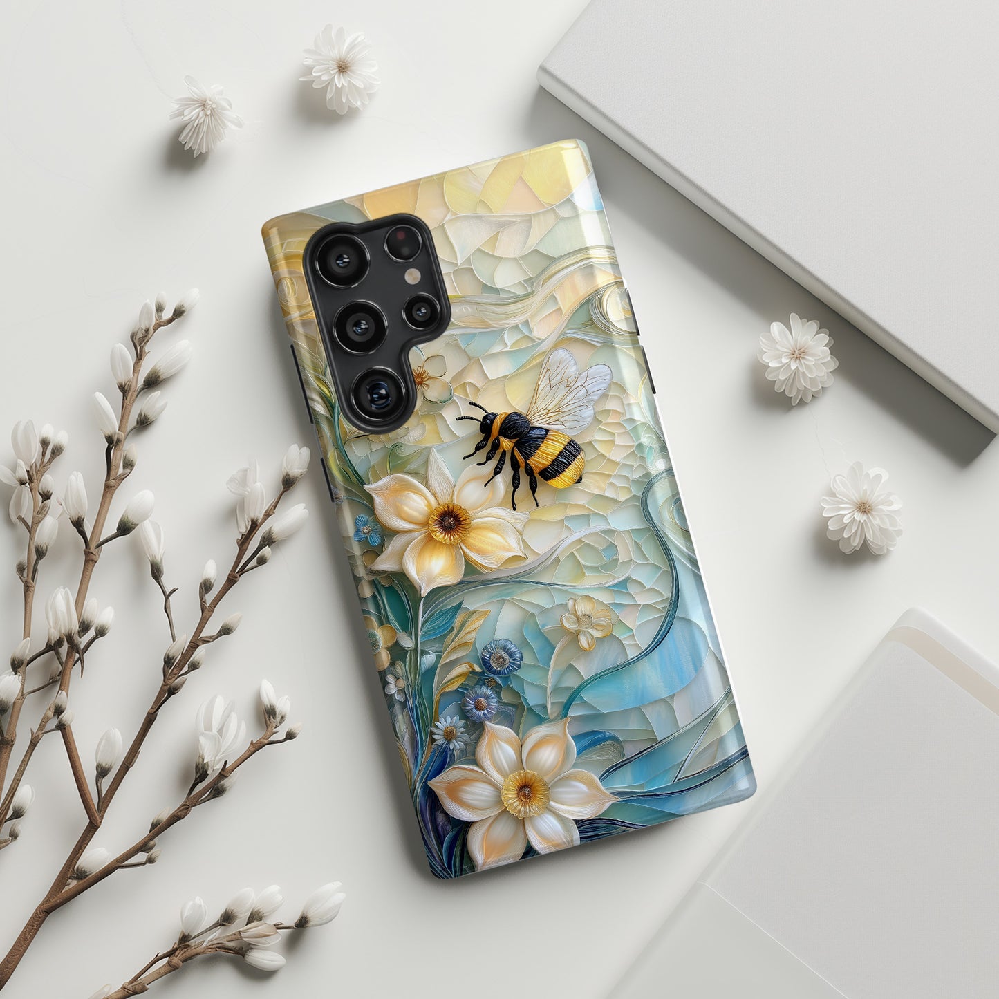 Bumblebee & Floral Stained Glass Art Design Phone Case for Galaxy S series Phones