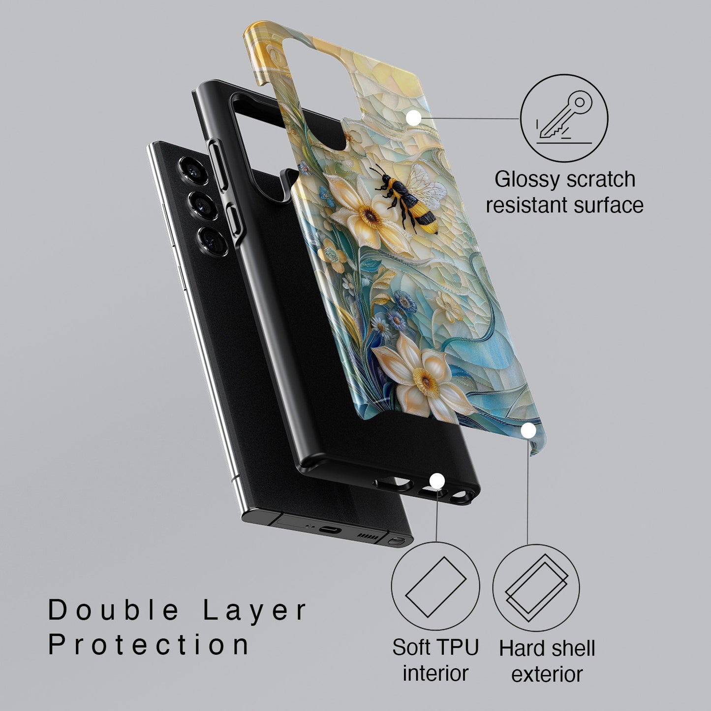 Bumblebee & Floral Stained Glass Art Design Phone Case for Galaxy S series Phones