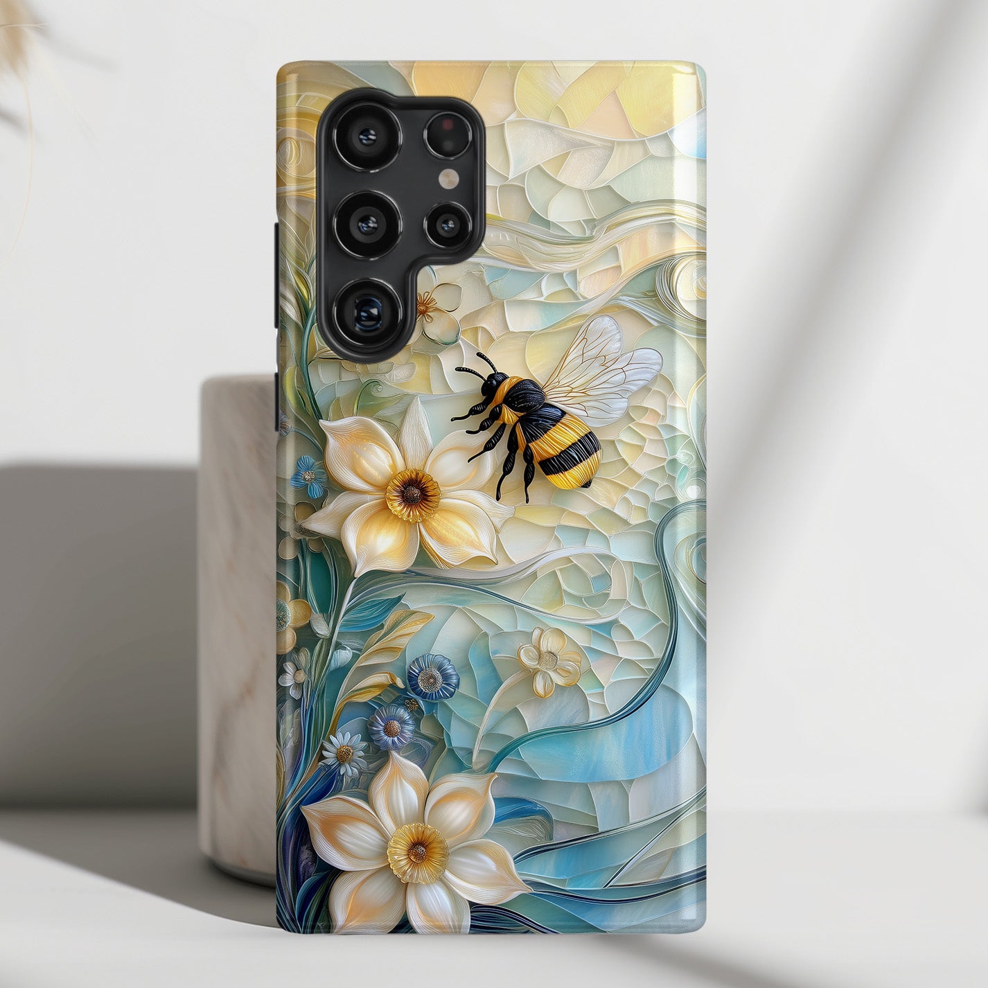 Bumblebee & Floral Stained Glass Art Design Phone Case for Galaxy S series Phones