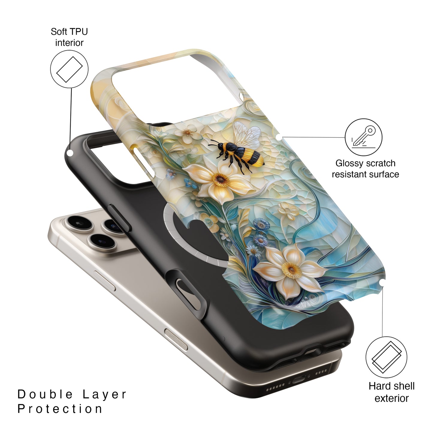 Bumblebee & Floral Stained Glass Art Design iPhone Case