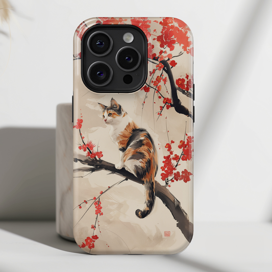 Calico Cat on Cherry Blossom Tree Design iPhone Case