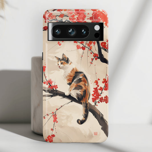 Calico Cat on Cherry Blossom Tree Design Google Pixel Phone Case