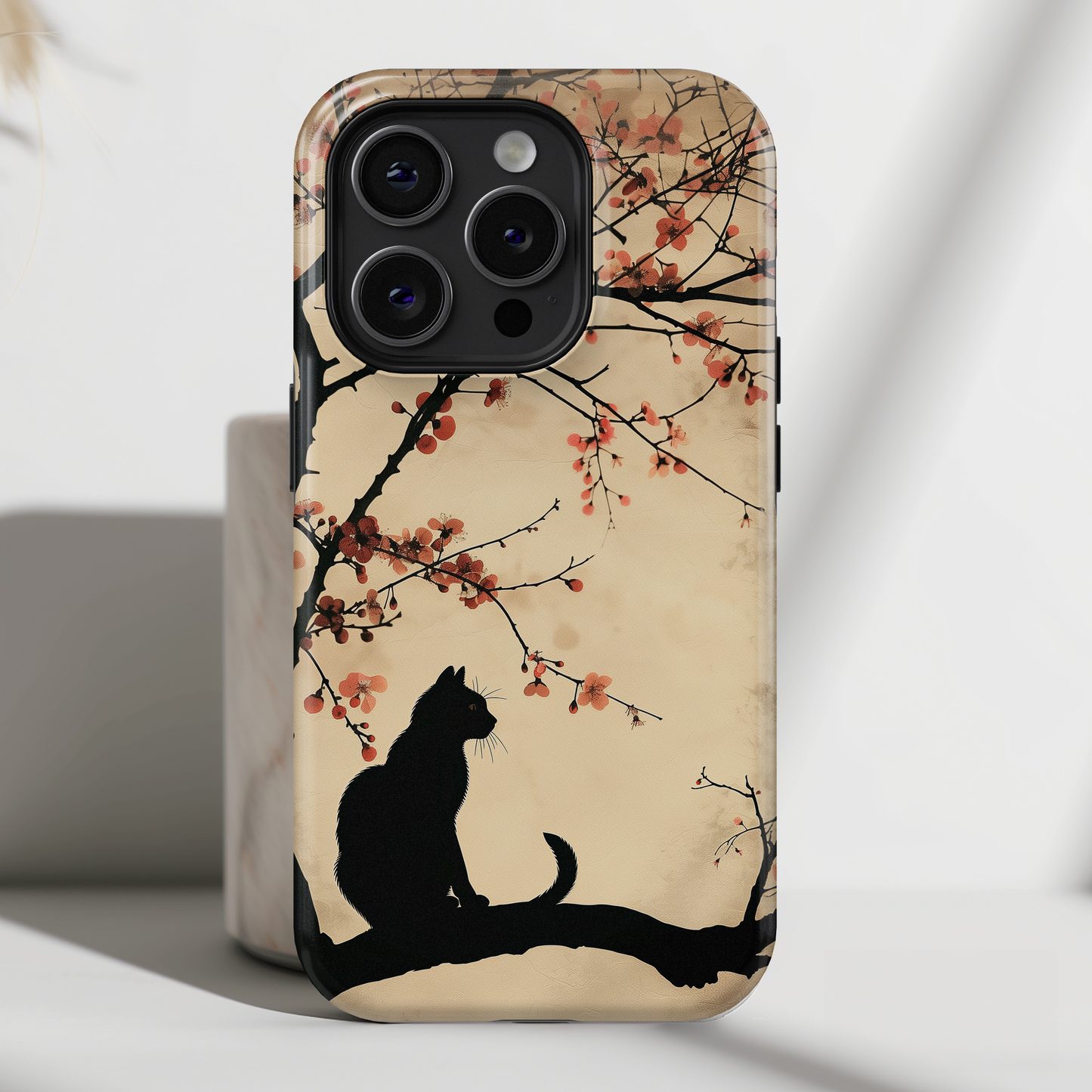 Cat Silhouette under Cherry Blossom Design iPhone Case
